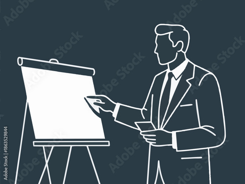 Simple illustration of a businessperson explaining, presenting, or proposing. Vector. Chic. Modern.