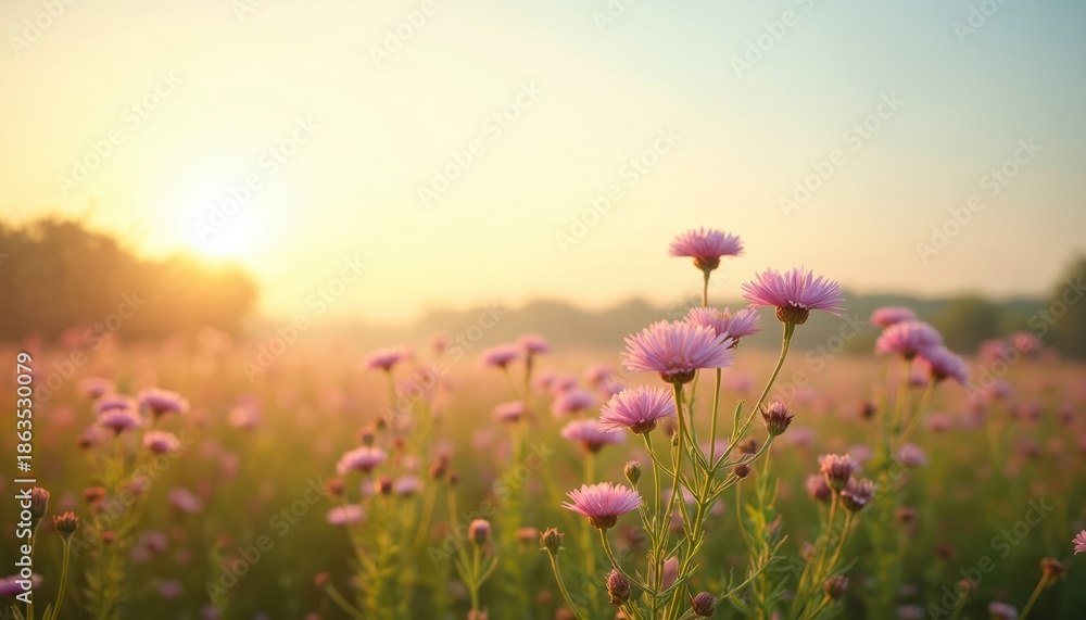 Fototapeta premium Pink flowers bloom in meadow during sunrise, soft golden light illuminates landscape. Nature awakens with gentle warmth, symbolizing growth and peaceful renewal.