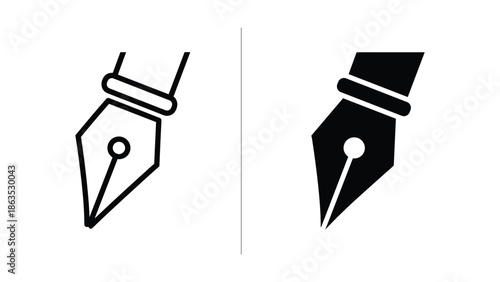 Fountain pen nib icon set in black and white