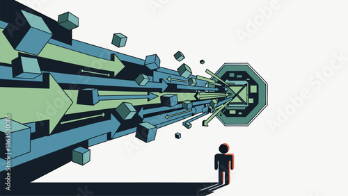 Digital information flow illustration with person viewing incoming data streams and geometric target, representing business strategy or complex problem solving