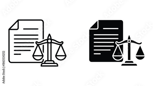 Law document and scales of justice icon set