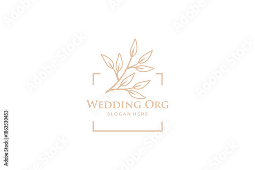Elegant Floral Wedding Organizer Logo Design with Minimalist Hand Drawn Leaf Branch for Event Branding