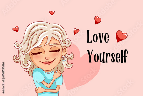 Female person is hugging herself. Self-love and mental health concept. Vector illustration.
