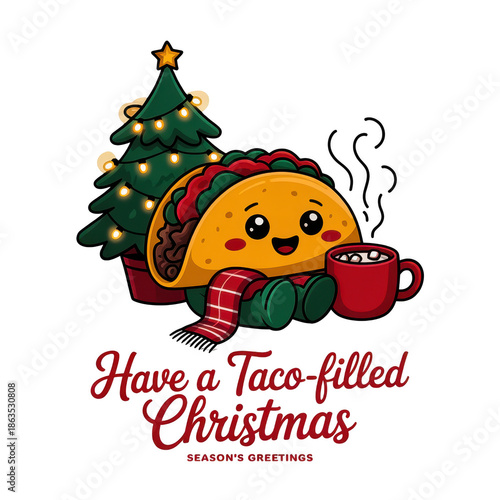 Have a Tacofilled Christmas Holiday Card with Festive Taco Character and Christmas Tree