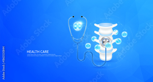 Plus sign inside stethoscope on disc spinal model. Surrounded by medical icons. Health care check up bone concept. 3D Vector EPS10.