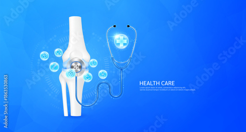 Plus sign inside stethoscope on knee joint model. Surrounded by medical icons. Health care check up bone concept. 3D Vector EPS10.