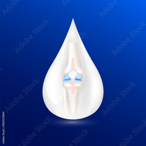Joint knee in milk drop on blue background. Nutrients calcium minerals vitamin D and amino acids essential bone health. For products design supplement food. 3D Vector EPS10.