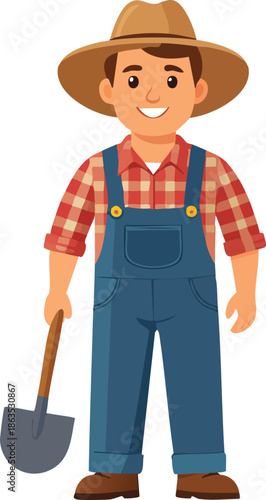 A smiling cartoon gardener wearing a hat and working clothes stands holding a shovel tool in a vector illustration of a person doing an outdoor job