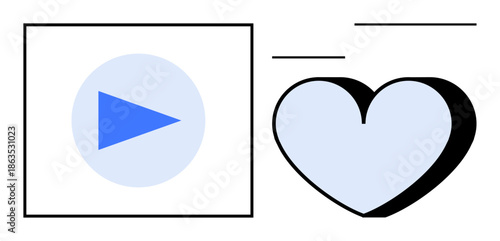 Media streaming, digital love, content sharing, social engagement, entertainment design, online relationships. Blue play button next to a light blue heart. Media streaming and digital love concept