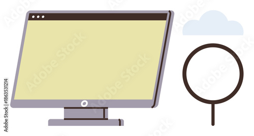 Technology, online search, data analysis, cloud computing, digital tools, internet browsing. A computer monitor with a magnifying glass and a cloud. Technology and online search