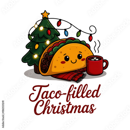 Tacofilled Christmas illustration featuring a festive taco holiday lights and hot cocoa