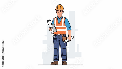Construction worker holding blueprints and plans on a white background.