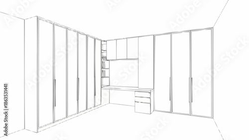 Modern Bedroom Wardrobe Design Sketch with Desk and Drawers.