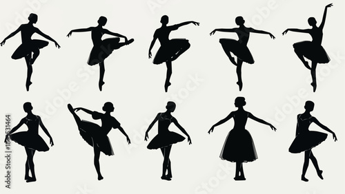 Silhouettes of ballet dancers in various poses on a light background.
