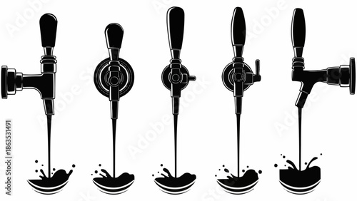 Collection of five different beer taps pouring liquid into splashes.