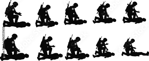 Combat medic soldier silhouette providing first aid battlefield rescue military emergency healthcare vector illustration set isolated white background design collection