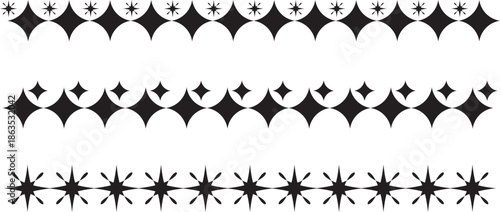 Star and Diamond Horizontal Border Set. Mid Century Retro Starburst Decorative Ribbon Collection. Vintage Decorative Dividers Vector. Chains, Zigzags, and Scalloped Star Motifs.