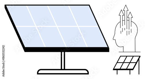 Solar energy concept. Solar panel illustration with human mind generating sustainable ideas. Solar energy promotes renewable resources, clean power, and eco-friendly innovation. For clean energy