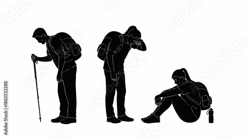 Hikers showing fatigue and resting during outdoor adventure.