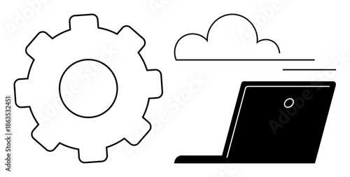 Technology, cloud computing, data storage, engineering, web services, system management. Gear, cloud and laptop in black and white. Technology and cloud computing concept