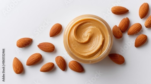 Wallpaper Mural Creamy almond butter in a glass jar surrounded by whole almonds on a clean white background, perfect for healthy recipes and food styling needs Torontodigital.ca