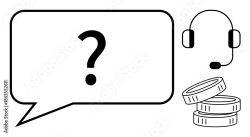 Customer support, financial services, online help, communication tools, business inquiry, problem-solving. Speech bubble with a question mark, headset and coins. Customer support and financial