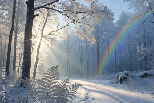 Morning sunbeams illuminate a snow-covered path in a mystical forest with a rainbow