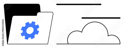 Open folder with blue gear icon beside cloud illustration, representing digital storage, data sharing, synchronization, file organization, software settings, automation, and cloud services in