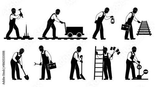 Vector Silhouettes of Railway Construction and Maintenance Workers Performing Diverse Tasks in Industrial Settings