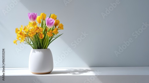 Wallpaper Mural Bright and Cheerful Floral Arrangement in White Vase with Colorful Tulips and Yellow Blooms Against Soft Blue Wall Torontodigital.ca