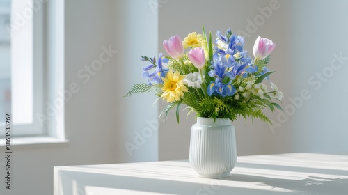 Wallpaper Mural Bright and Colorful Floral Arrangement in White Vase on Light Tabletop with Natural Sunlight in Modern Interior Setting Torontodigital.ca