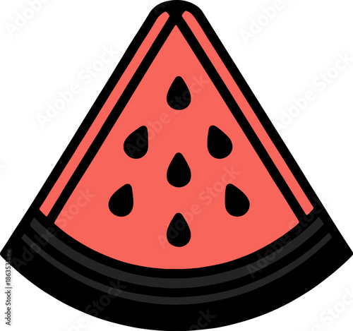 Watermelon slice icon with red pulp and black seeds