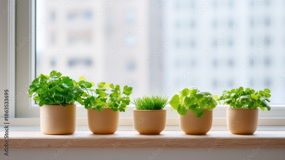 Fototapeta premium Natural Collection of Indoor Plants in Stylish Pots Against Urban Background with Soft Light and Greenery Enhancing Home Decor