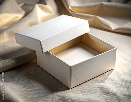 High-end white rigid two-piece product box displayed on luxurious fabric background