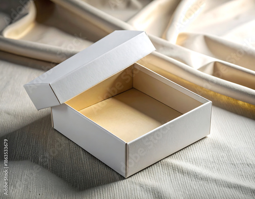Premium white rigid two-piece product box displayed on luxurious fabric background