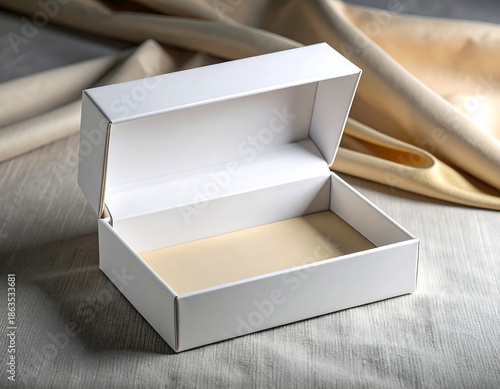 A glossy white product box with blank surfaces is showcased on a reflective surface against a dark background.