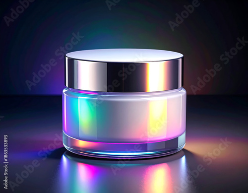Futuristic cream jar mockup with frosted white surface and wide blank lid on a dark background with rainbow reflections