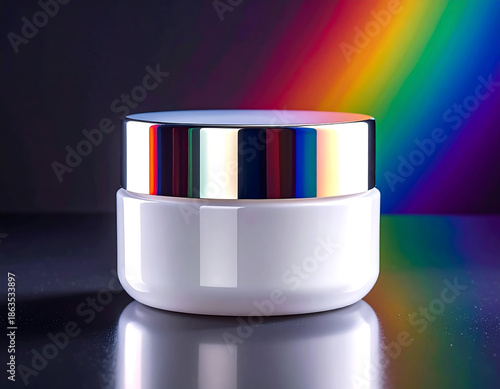 Futuristic cream jar with metallic lid on reflective surface under rainbow light