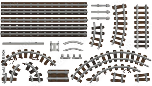 Collection of various modular railway track segments and connectors for building model train layouts with diverse pieces