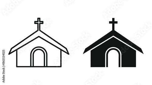 Simple church building icon set with cross