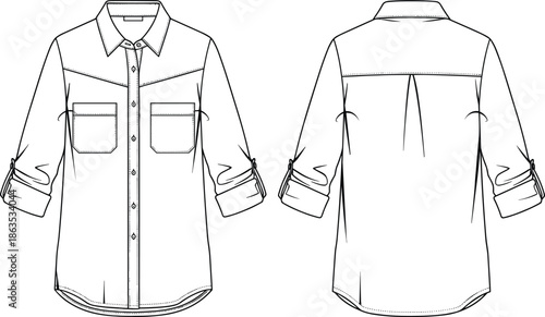 Button-up shirt fashion sketch, pointed collar, flap pockets, rolled sleeve tab, box pleat back, cad drawing flat vector illustration