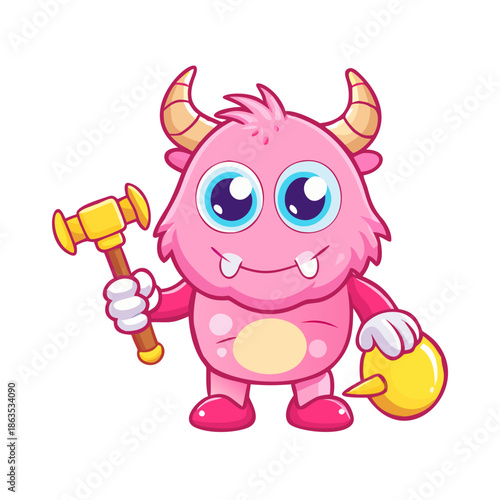 Cute little baby monster with a hammer in hand. Vector illustration for tshirt, website, clip art and print on demand merch.
