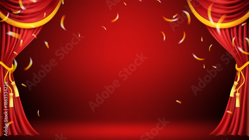 luxurious theater stage setting designed premium product presentation Deep red velvet curtains frame central polished