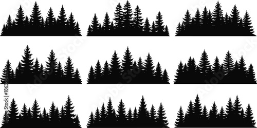 Conifer tree cluster silhouettes, black forest vector set, pine tree shapes, nature design elements, landscape illustration, evergreen graphic, minimal style