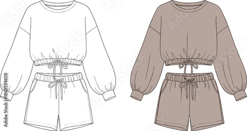 Crop top and shorts fashion sketch, balloon sleeve, drawstring waist, side pockets, colored and line version, cad drawing flat vector illustration