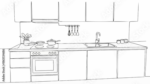 Modern Kitchen Interior Design Sketch with Appliances and Cabinets.