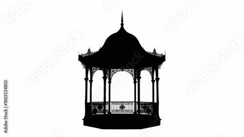 Ornate Victorian Gazebo Silhouette Isolated on White Background.