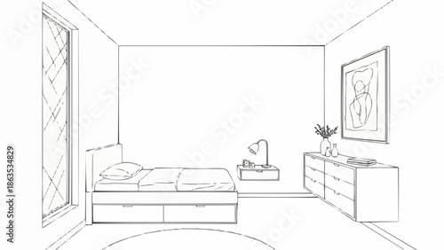 Bedroom interior sketch with bed and dresser.