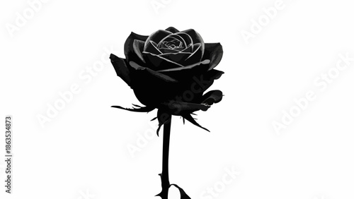 Single Black Rose Isolated on White Background Studio Shot.