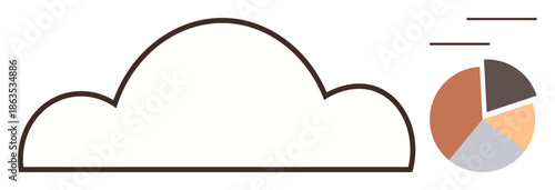 Cloud computing, data visualization, statistics, technology, business analytics, information storage. Minimalistic cloud icon next to a pie chart graphic. Cloud computing and data visualization